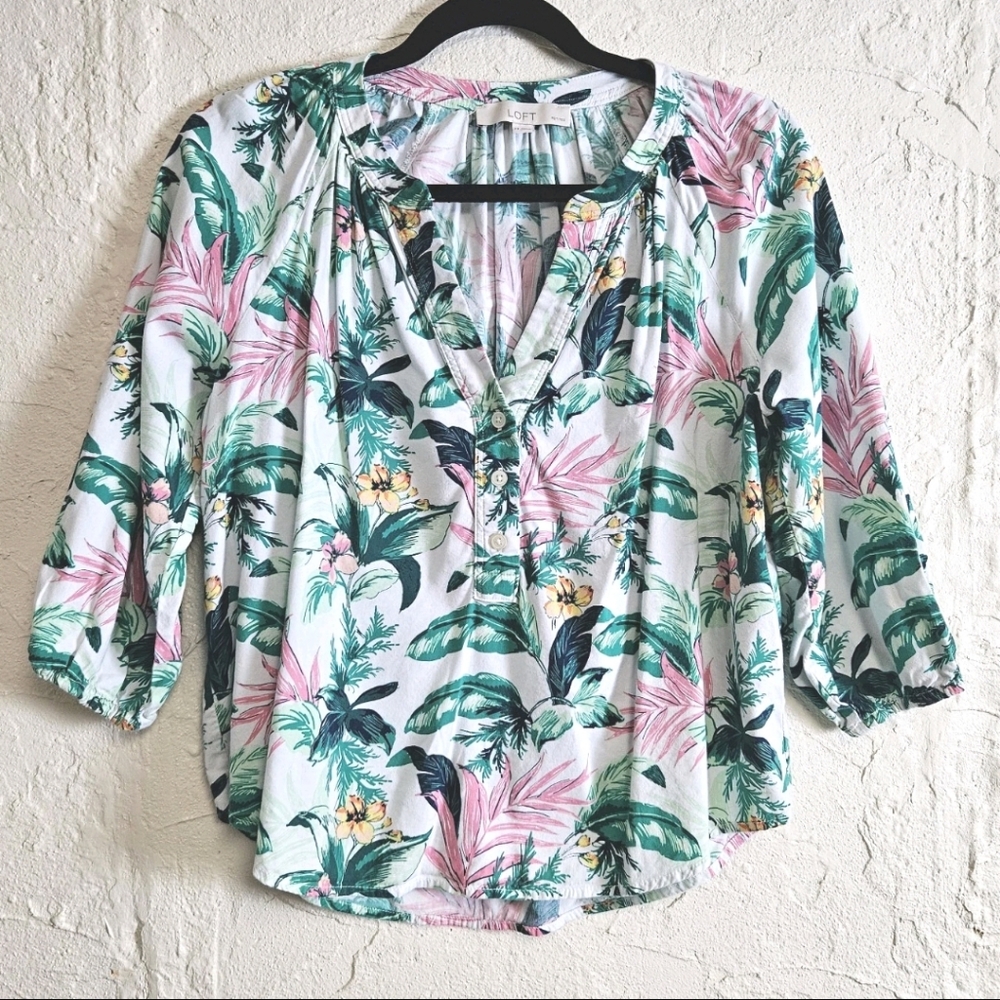 Loft Petites Womens Green White Floral Print Long Sleeve Blouse Sz Medium Petite